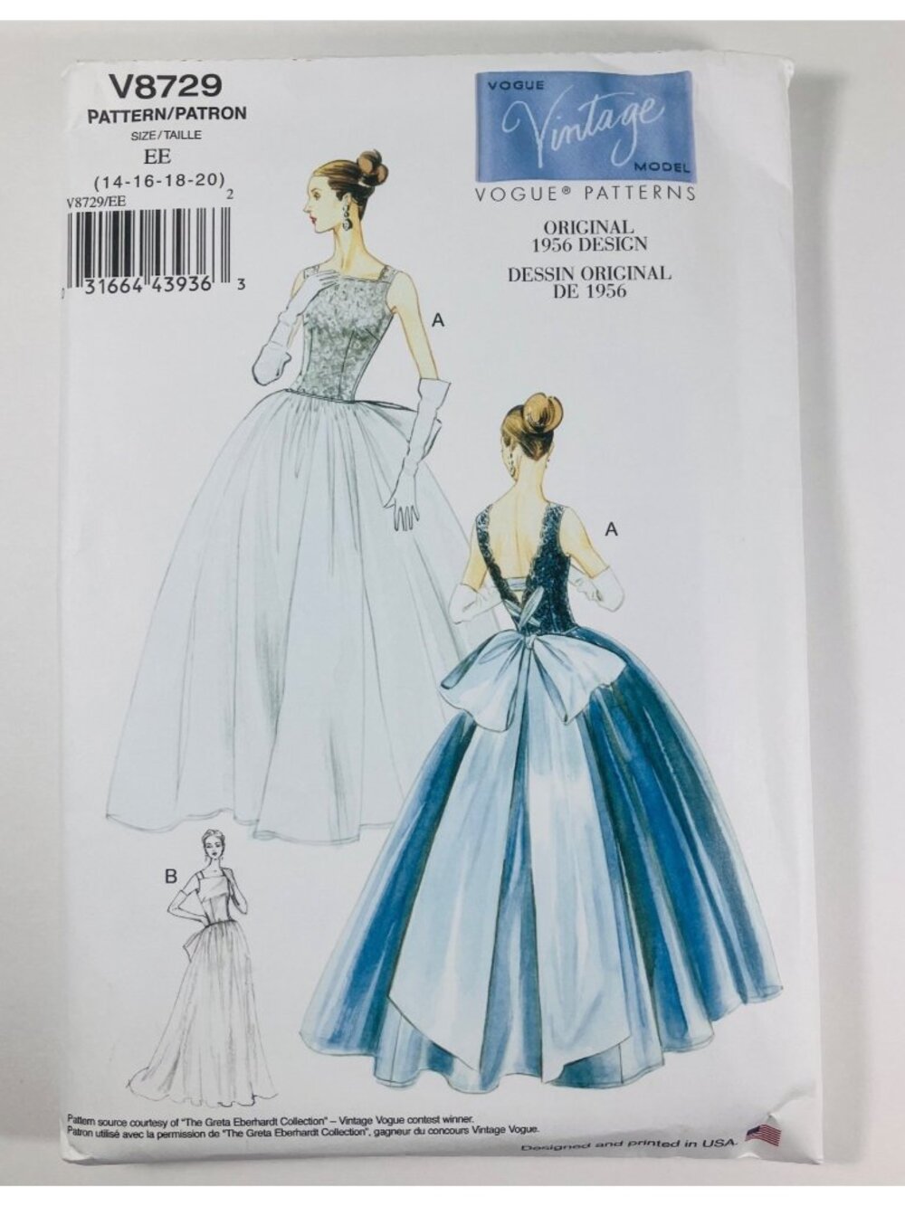 Vintage Vogue V8729 50s Full Skirt Evening Dress Reprint Pattern FF Sz 14-20